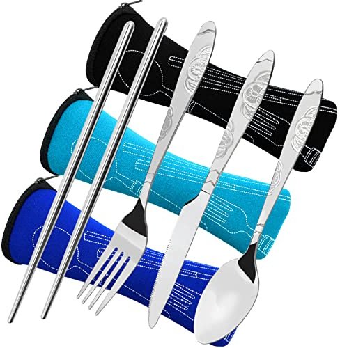 3-pack campingbestick set, CKANDAY 12 st kniv gaffel sked ätpinnar med bärväska, rostfritt stål servis bestick för resor picknick arbete vandring – svart/blå/ljusblå