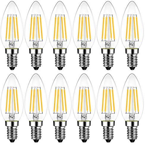 LVWIT Bombillas Vela de Filamento LED E14-4W Equivalente a 40W, 470 Lúmenes, Color Blanco Cálido 2700K. Bombilla Retro Vintage, El Ángulo del Haz de 300°. No Regulable - Pack de 12 Unidades.