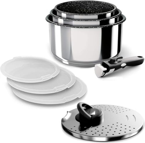 Backen 391508, Casseroles 16,18,20cm, Inox, 8Pièces,Induction,1poignée amovible,1Couvercle Multipostions Métal, 3 Couvercles Hermétiques,Compatible lave-vaisselle,Revêtement antiadhésif,Garantie 5ans.