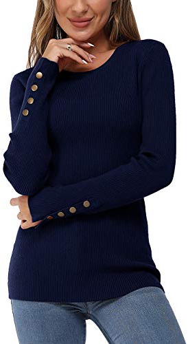 Newshows tröja damer höst stickad tröja långärmad tröja vinter ribbad damtröja med knappdetalj, Safir, XL