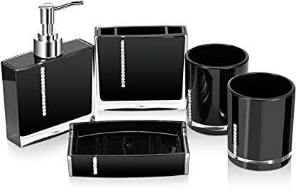 AYNEFY Badaccessoires Set 5 Stück Badezimmer Zubehör Modern Badgarnitur mit Seifenspender, Zahnbürstenhalter, Seifenschale und 2 Zahnputzbecher für Waschtisch, Schwarz