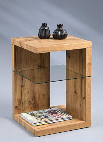M2 Kollektion Domingo Beistelltisch/Nachttisch I Modernes Design I MDF mit Wildeiche-Dekor I Zusätzlicher Stauraum I Sicherheitsglas, 40x40x60 cm I Vielseitig einsetzbar