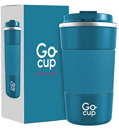 GoCup Travel Mug, Insulated Reusable Coffee Cup with Spill Proof Lid, 510ml, UK Brand, Stainless Steel, Large Size, Keep Drinks Hot and Cold, 18oz, Teal with Grip