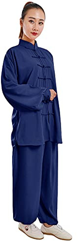 ZooBoo Unisex Cotton Blend Short Sleeves Tai Chi Suit Morning Exercise Uniform Kung Fu Clothing (Navy-Long sleeve, XL, x_l)