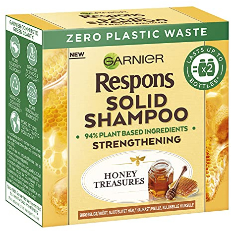 Garnier Respons Solid Shampoo Honey Treasures Strengthening Bar, 94% Plant-Based Formula for Dry & Damaged Hair, Eco-Friendly Plastic-Free Shampoo Bar with Honey Extract PACK OF 3