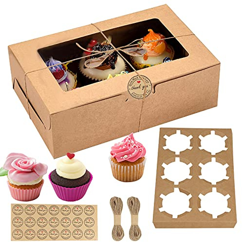 Gbateri 20 Pack Cupcake Boxes 6 Hole with Window and Inserts, Bakery Boxes, Cupcake Carriers Kraft Cup Cake Boxes Cookie Box Pastry Boxes Gift Boxes for Dessert, Muffins, Pies, Party Favors (Brown)