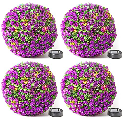 Taylor & Brown 28cm Solar Powered 20 LED Rose Artificial Topiary Ball Hanging Ornament Boxwood Garden Ultra Bright Light Decorative Two Functions (4 Pack, Purple)