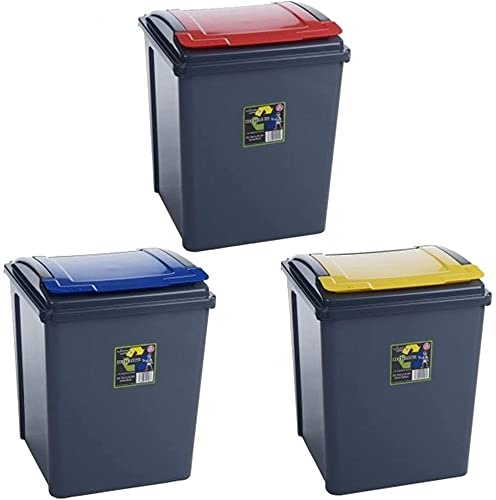 M1SS Pack of 3 50L Litre Plastic Indoor Recycle Recycling Waste Bin with Lid for in the Home/Kitchen (Red/Yellow/Blue)