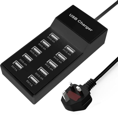 USB Charger Station, 10 Port USB Charger Hub 50W Multiple Charging Station Compatible with iPhone 12/13/14/15/16/Samsung S22/S23/S24/Z Flod/Z Flip/iPad/Xiaomi/Oppo/OnePlus.（Black）