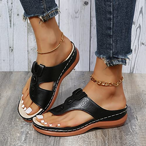 Femmes Sandales orthopédiques, pantoufles en cuir PU pour femmes, Peep Toe chaussures de voyage de plage Tongs avec Hallux Valgus Support Platform Semi Trailer Sandals (Color : Noir, Size : 39 EU)