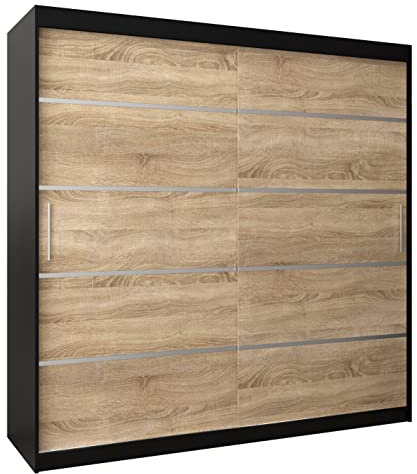 MEBLE KRYSPOL Schwebetürenschrank Verona 1 200 cm Kleiderschrank mit Kleiderstange und Einlegeboden Schlafzimmer- Wohnzimmerschrank Schiebetüren Modern Design (Schubladen: 0, Schwarz + Sonoma)