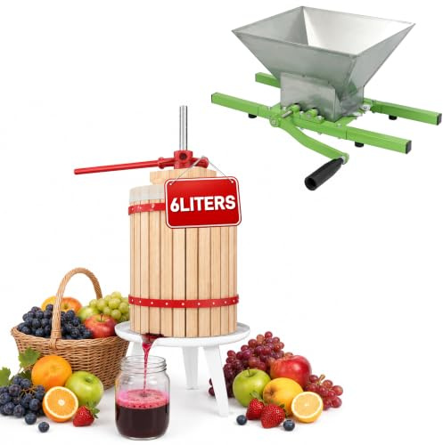 Froadp Mobile Weinpressen Set inkl. 6L Saftpresse Eiche Obstpresse + 7L Edelstahl Obstmühle Schnitzelpressen Apfelpresse Rübenmühle Hausbrauwerkzeuge für Obstweine Fruchtsäfte Apfelsaft
