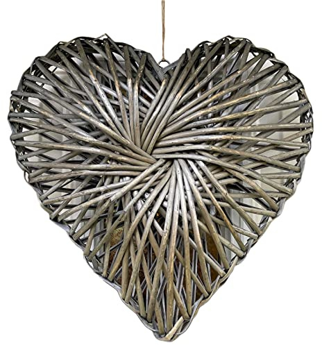 Large Wicker Heart Wall Decoration Washed Grey Woven Wood Door Wreath Decoration 39cm