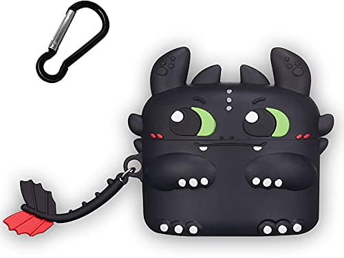 AIYAAIYA 3D Cartoon Silikonhülle Kompatibel mit Apple Airpods Pro2, Niedlich Night Dragon Erscheinungsbild Wasserdichtstoßfest für Wireless Headset Ladebox Schutzhülle mit Schlüsselbund (Schwarz)