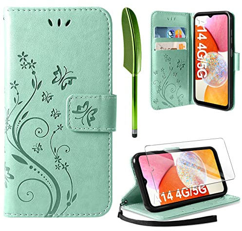 AROYI Cover Compatibile con Samsung Galaxy A14 5G/A14 4G e Vetro Temperato, Retro Design Flip Caso in PU Pelle Premium Portafoglio Slot per Schede Chiusura Magnetica Custodia Verde Chiaro