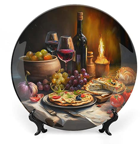 Decorative Plate, Bottle Wine And Grape on Table Painting Ornament Display Plate Art Decoration Art Painting for Home Office Party Dinner Table Decor Porcelain Plates 20 CM, Birthday Gifts