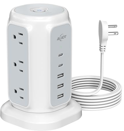AiJoy Flat Plug Power Strip Tower 9 Outlets and 5 USB Ports (2 USB-C), 1200J Surge Protection, 6.5ft 1625W Extension Cord Charging Station for Home, Office Supplies, Dorm Essentials