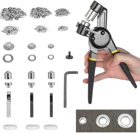 BEAMNOVA Grommet Tool Kit 8mm 10mm 12mm Hand Press Multi-Size Eyelet Pliers Kit with 900 Grommet Supplies & Hollow Hole Punch Tool Handheld Eyelet Setter for Tarp Leather Canvas