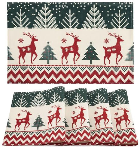 AFXXE Platzset Weihnachten 4er Set, Pixel-Stil Tischset Abwaschbar, 30x45cm Leinen Platzdeckchen, Rentier Tischdeko für Party und Tisch