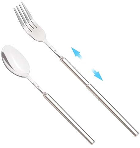 OMOBANU 2 ausziehbare Gabel-Löffel, Teleskop-Gabel aus Edelstahl, lange Gabeln ausziehbar bis 63,5 cm, Grill, Obst, Dessert, langer Griff, Gabel, Löffel, Besteck-Set, KESHENSUOCANCHA01-W