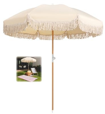 ELZEM 180cm Gartenschirm Neigbar Beige Sonnenschirm Mit Quasten Strandschirm Uv Schutz Balkonschirm Wasserdicht Tischschirm Mit Tragetasche Für Balkon Garten Terrasse Strand/8 Rippen