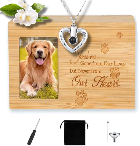 CEASELESLY Urnas para Mascotas+Collar de urna de cremación para Perro,Caja de Madera para Cenizas de Perros,ataúd de Recuerdo,Regalo conmemorativo,Soporte para Cenizas de Mascotas con Marco de Fotos