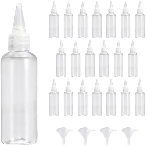 Omevett 20 Pcs Squeezy Bottles With Nozzles - 100ml Clear Plastic Squeeze Container With Liquid Dropper for Sauce, Condiment, Lotion - Includes 4 Funnels