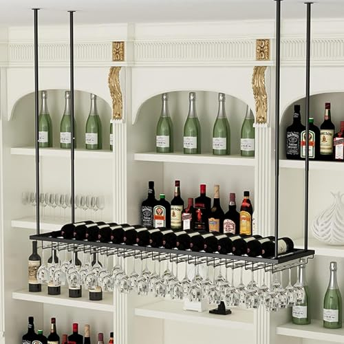 Portabottiglie da soffitto per bottiglie di vino e calici di vetro, mensola industriale nera capovolta per bar, cucina, ristorante
