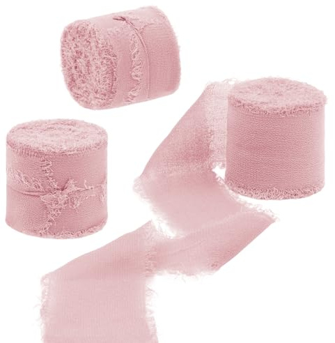 Uiopa 3 Rollos Cinta de Gasa, 4cm x 15m Cinta Regalo con Flecos, Cinta Rosa Decorativa de Tela para Envolver Regalos, Invitaciones de Boda, Ramo de Flores, Manualidades