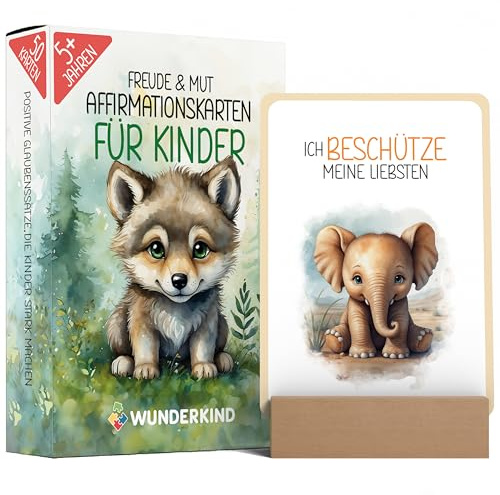 Wunderkind 50 Affirmationskarten Kinder I Pädagogisch wertvoll I Gefühlskarten I Umgang mit Gefühlen Lernen I Achtsamkeitskarten Kinder I Mutmachkarten (Tier Edition mit Kartenhalter)