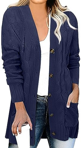 Generisch Dicke Strickjacke Damen Winter Lang Warm Strickjacken Für Damen Grobstrick mit Knöpfen Strickmantel Damen Elegant Zopfmuster V Ausschnitt Strick Cardigan Langarm Damenstrickjacke Einfarbig