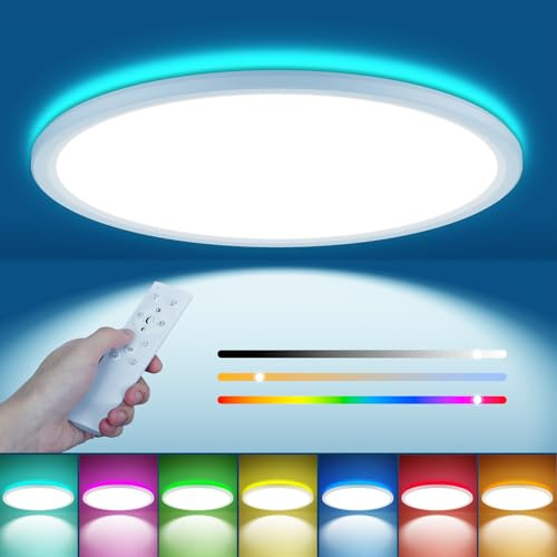 KLINTOS LED Deckenleuchte Dimmbar mit Fernbedienung, 24W RGB Farbwechsel Deckenlampe mit 3000K-6500K, LED Lampe, Flach Rund Deckenbeleuchtung für Schlafzimmer, Wohnzimmer, Badezimmer, Küche