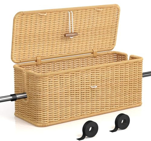 Aocii Handmade Cable Box, Rattan Cable Management Box, Under Desk Cable Organiser Box for TV Wires, Power Strip, Tangle Hide Desk, Socket Box for Office, Home