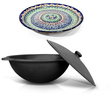 ZARENHOFF Kazan 614 - Juego de utensilios de cocina (hierro fundido, 16 L, base redonda, tapa, Lagan Ø 37 cm)