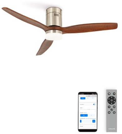 CREATE / WINDCALM NATURAL WOOD M/Ventilateur de plafond avec lumière nickel pales bois foncé avec WiFi et télécommande / 40W, Minuterie, Ø132 cm, 3 températures de lumière, fonction été-hiver