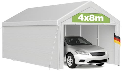 Pavillon Lagerzelt 4x8m Carport XXL mit wetterfester PE Plane-UV-beständig-wasserdicht-Stahlrohrkonstruktion-Dachverstärkung-Seitenwände abnehmbar-Unterstand für Lager, Fahrzeuge, Weide, Weiß