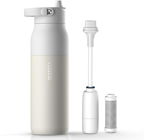 BRITA LARQ Essential Filter Trinkflasche mit Strohhalm weiß (1 Liter) | Edelstahl Wasser-Flasche, doppelwandige Isolierung (24h kalt), Aktivkohle Wasserfilter, filtert PFAS, Chlor & mehr