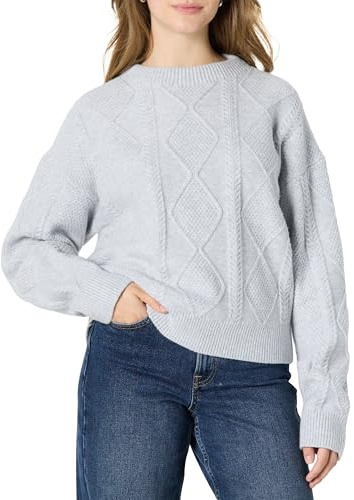 Amazon Essentials (Demi's Pick) Women's Relaxed-Fit Cable Crewneck Sweater, Light Grey Heather, Small