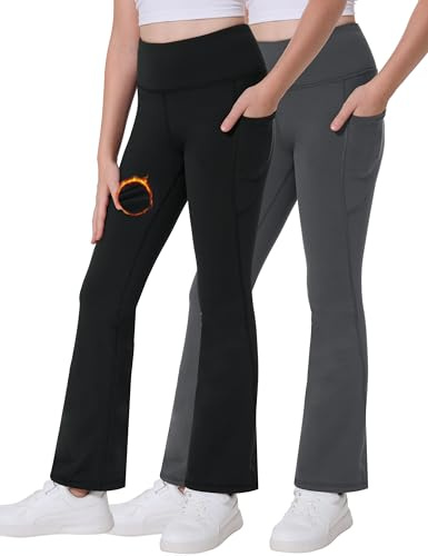 Desol termo utsvängda byxor för flickor med fickor för tonåringar, elastiska yoga-sportbyxor och utsvängda leggings för sport, idealiska träningsbyxor och joggingbyxor, svart / grå, 7-8 år