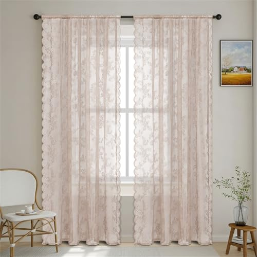 Surwin Translucidas Cortinas Salon Encaje de Color Sólido, 2 Piezas Cortina, Cocina Dormitorio Cortinas y Moderno Visillos Visillos Cortos para Ventanas (Rosa Claro,150x300cm)