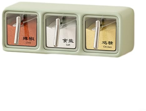 Caja de condimentos montada en la pared para almacenamiento de especias, tarro, azucarero, salero, capacidad de 200 ml, 360 grados, impermeable y a prueba de humedad, con cuchara y partición (verde 3