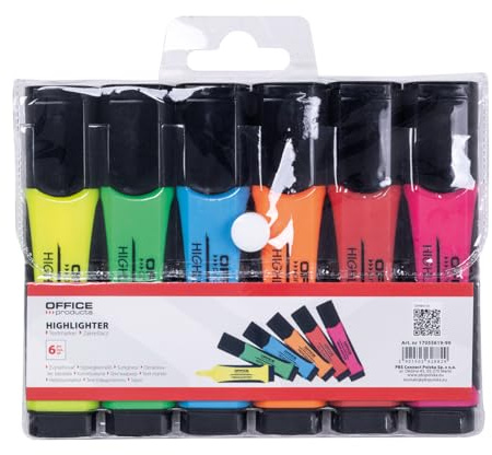 Office PRODUCTS - Set di 6 evidenziatori con impugnatura in gomma, evidenziatore 2-5 mm, colori assortiti, per casa, ufficio, scuola