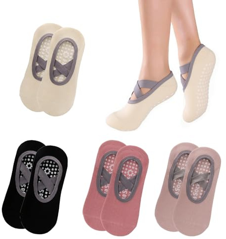 QBEJIME 4 Paar Pilates Socken, Rutschfeste Yoga Socken, Pilates Reformer Socks Yogasocken, Antirutschsocken Mit Kreuzgurte, Für Pilate, Ballett, Barre, Yoga, Tanzen