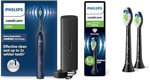 Set aus Philips Sonicare 5500 elektrische Zahnbürste, Modell HX7113/01 [Neue Technologie] + Philips Sonicare W2 Optimal White, Original Ersatzbürstenköpfe, Schwarz, 2er-Pack, HX6062/88