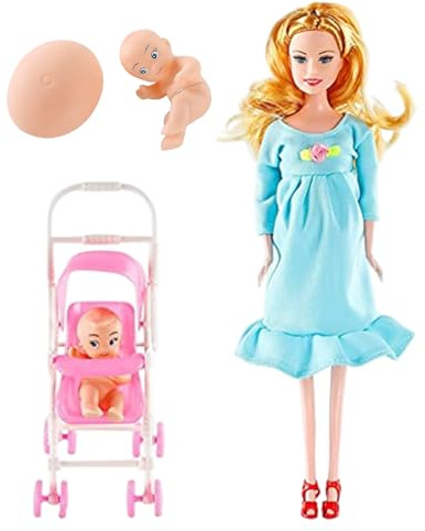 Jorzer Muñeca Embarazada con bebé en la Barriga, 30 cm, articulada y con Carrito para niños, Accesorios para casa de muñecas, Color Azul