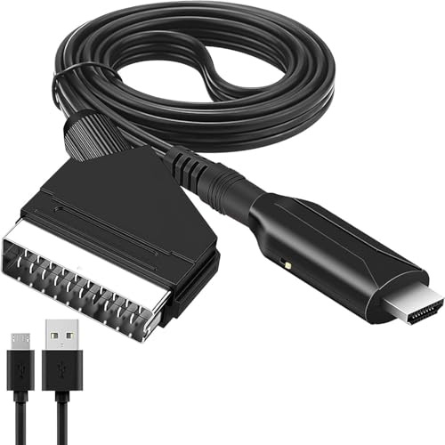 Kjzeex Convertisseur Péritel vers HDMI, 1080p/720p Adaptateur Audio Vidéo Péritel Tout en Un vers HDMI avec Câble HDMI Câble D'entrée et Port de Sortie pour HDTV STB VHS Xbox PS3 Sky DVD Blu-Ray