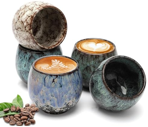 Espressotassen, 5x100ml Espresso Tassen, Handgefertigte Bunte Steingut Tasses, Espressotasse Dickwandig GeschirrspüLer VerfüGbar, Geeignet FüR Geburtstag, Valentinstag Geschenke
