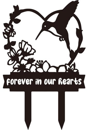 PRESSINART Piquet Commémoratif Oiseau Toujours dans Nos Cœurs Piquet Fleurs Colibri Noir Métal Décoration Cimetière Plaques Commémoratives pour Perte Mère Père Proches Tombe Jardin 8.27 x 5.91 Pouces