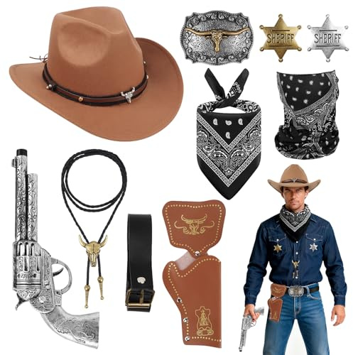 Cowboy Kostüm Herren Komplett Set 10 PCS, Cowboy Outfit für Cosplay Party | Western Outfit Herren für Erwachsene & Teens, Umfassendes Cowboy Zubehör für Mottopartys, Valentinstag, Karneval(Karamell)