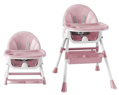 Kinderhochstuhl Ab 6 Monaten Essstuhl Mit Sicherheitsgurt Klappbar Pflegeleicht Höhenverstellbares Gestell Mitwachsend Abnehmbarer Essbrett Korb, Hochstuhl Baby, 4-in-1 – Rosa